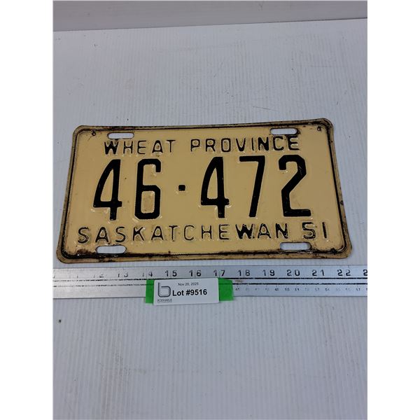 Saskatchewan License Plate: 1951
