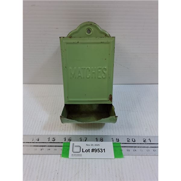 Vintage Metal Match Box Holder - Green - 6" x 3.5" x 3.5"