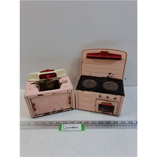 (2) Marx Vintage Pink Metal Tin Toy Stove & Sink - Some Wear