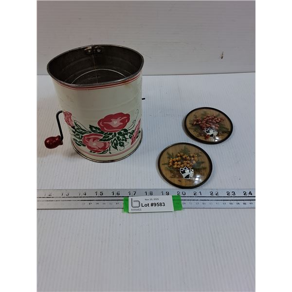 Floral Flour Sifter & (2) Curved Glass Flower Wall Art Displays (4" Diameter Each)