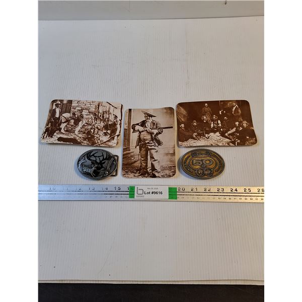 Deer Belt Buckle,Labatts 50 Belt Buckle and (3) Old Western Post Cards