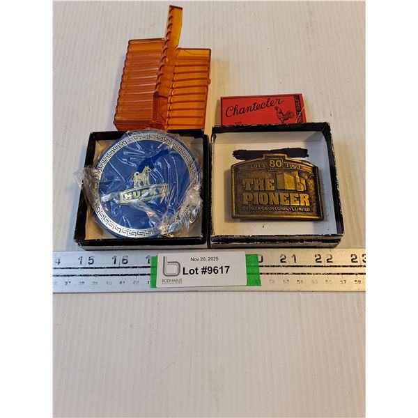 (2) Belt Buckles,The Pioneer and Husky,Cigarette Paper Holder with Papers
