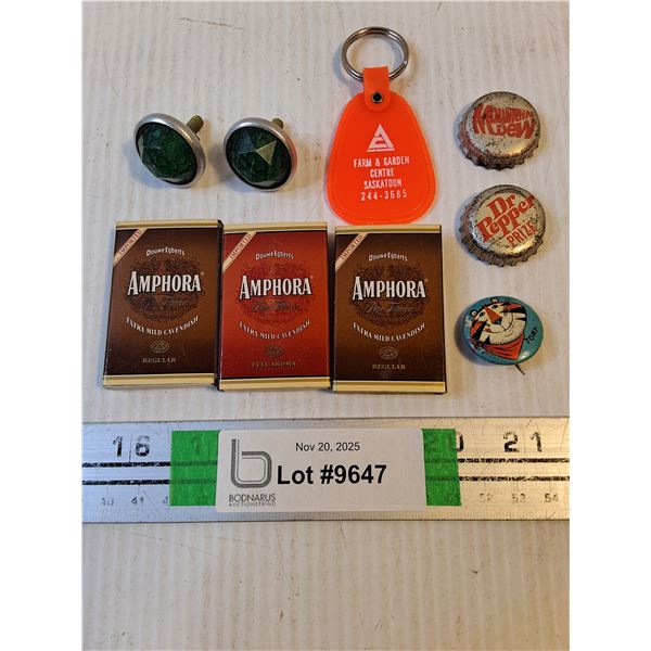 (3) Amphora Match Books,Pinback,Key Chain,Bottle Caps,Drawer Handles