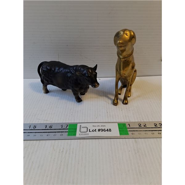 Brass Dog and Ceramic Bull