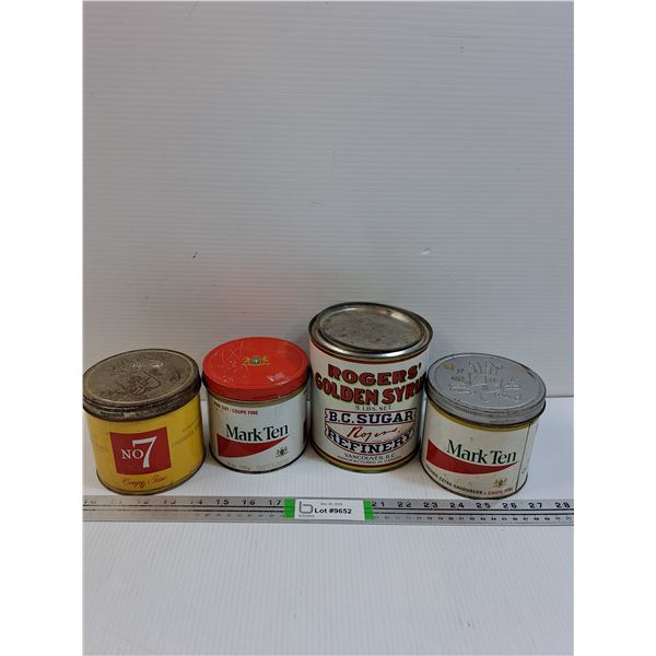 (4) Collector Tins - Mark Ten, Black Cat, Rogers Syrup