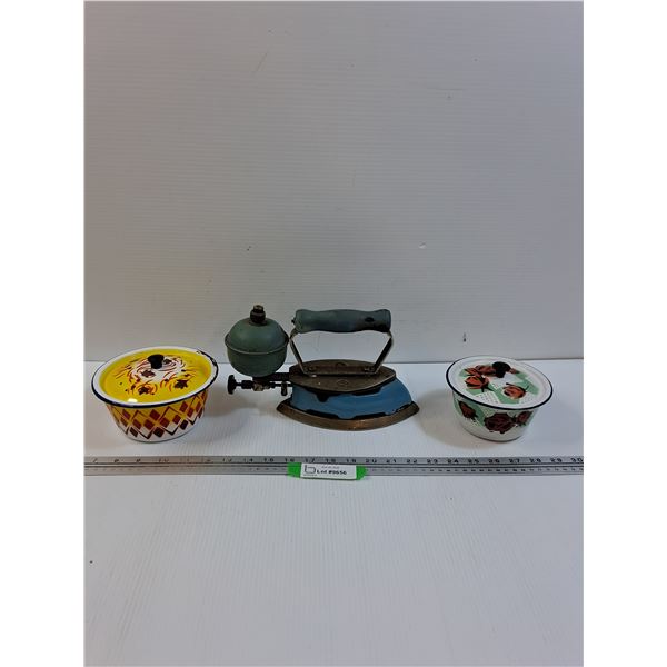 Vintage Coleman Gas Iron, (2) Enamel Pots/Lids