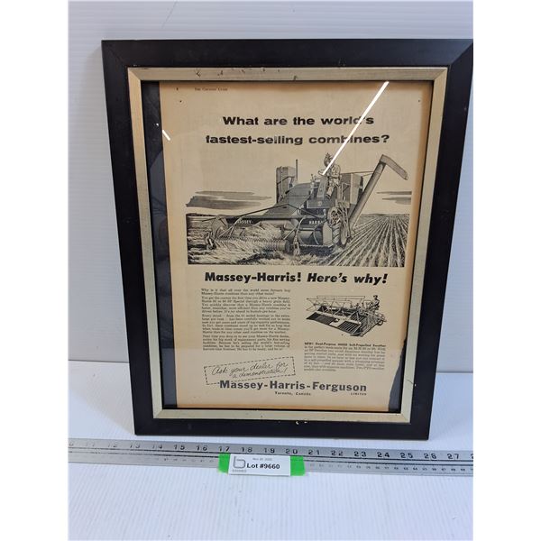 Vintage Massey Harris Advertisement in Frame - 13.5" x 16.5"
