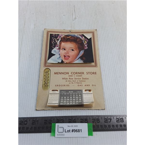 Vintage Mennon Corner Store 1963 Calendar/Thermometer
