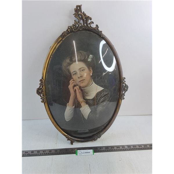 Vintage Ornate Metal Framed Oval Convex Glass - 23" x 15.5" - Some Frame Damage