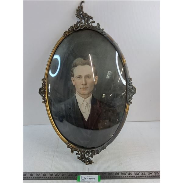 Vintage Ornate Metal Framed Oval Convex Glass - 23" x 15.5"