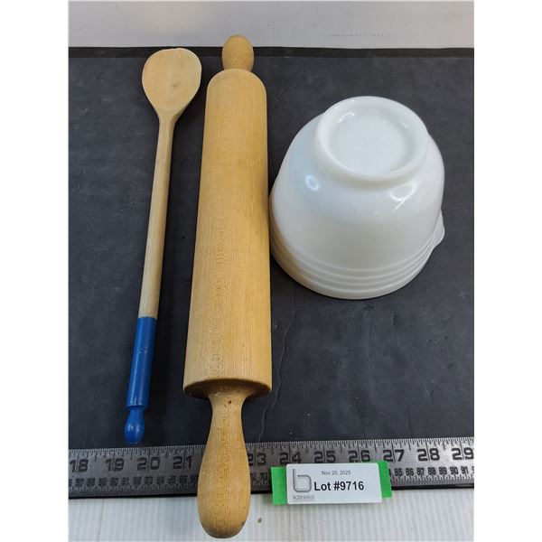 Pyrex Mixing Bowl, Wooden Spoon, Wooden Rolling Pin