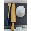 Image 1 : Pyrex Mixing Bowl, Wooden Spoon, Wooden Rolling Pin