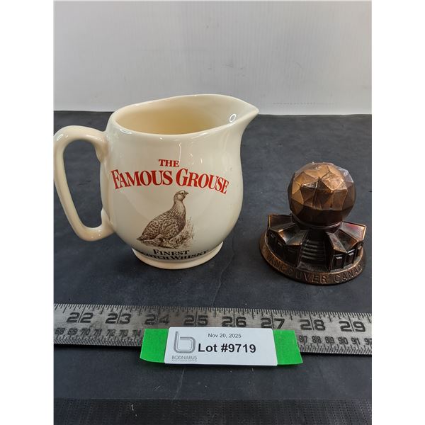 "The Famous Grouse" Finest Scotch Whiskey Ceramic Pitcher, Vancouver Expo Metal Table Decor