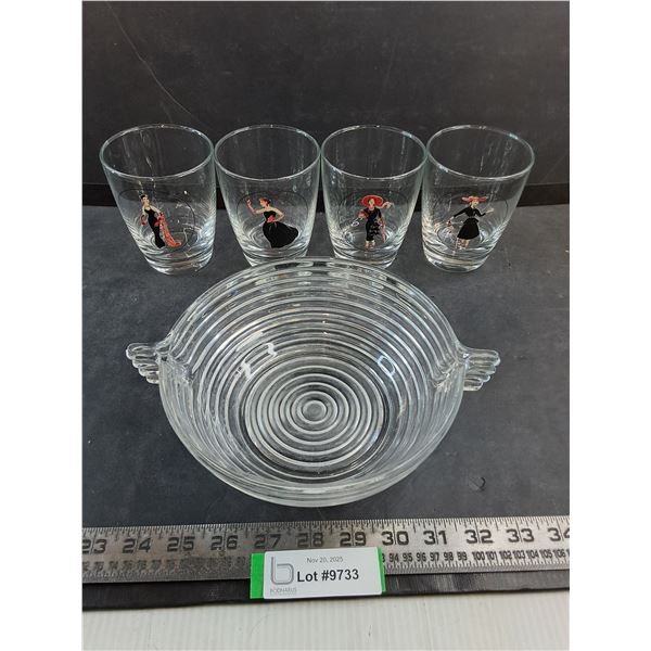 Set of 4 Ocean Thailand "Tall Girl" Glasses, Vintage Glass Bowl
