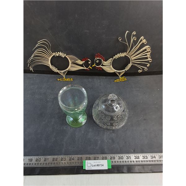Pair of Metal Chicken Decor, Vintage Glass Vase & Lid
