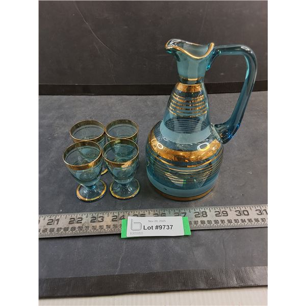 Vintage 'Blue Glass with Golden Edging' Liquer Decanter & 4 Glasses