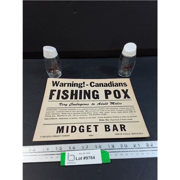 Hinton Alberta Mountain Goat Salt & Pepper Shaker Set & "Fishing Pox" Funny Sign - 9.5" X 7"