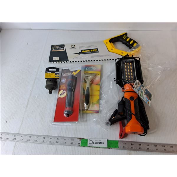 14" Back Saw, LED Drop Light, Socket Adapter, Misc.