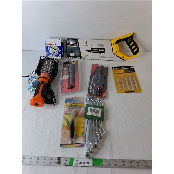 14" Back Saw, Led Drop Light, Tweezer Set, Misc.