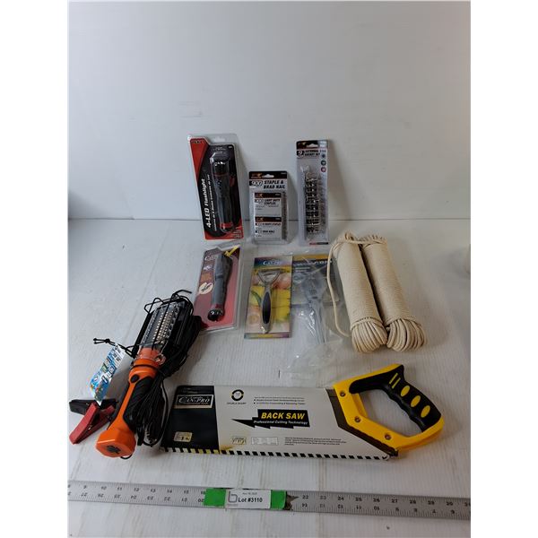 14" Back Saw, LED Drop Light, Rope, Misc.