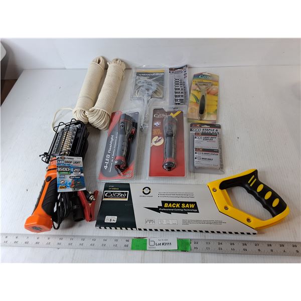14" Back Saw, LED Drop Light, Rope, Misc.