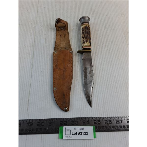 Fixed Blade Bowie Knife - Cracked Handle - w/Leather Sheath