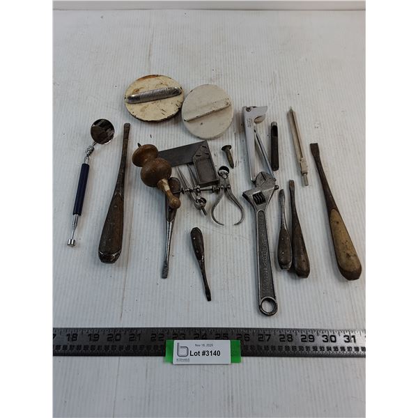 Assorted Hand Tools, Gas Caps, Magnet-Mirror-Extend Tool