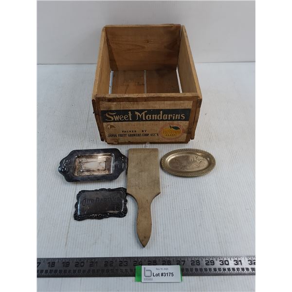 Vintage Lot (Festival Wooden Crate, Butter Dish, Cheese Board, Trinket Tray)