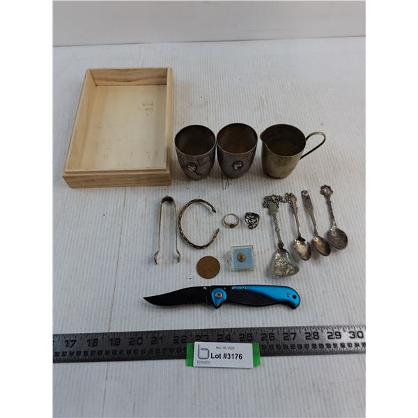 Vintage Lot (Metal Cups, Souvenir Spoons, Jewelry, Misc.), Jack Knife
