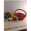 Lord &Taylor Rose Tea Cup & Saucer, (12) Golf Balls, Woven Basket, Chicken Shaped Planter
