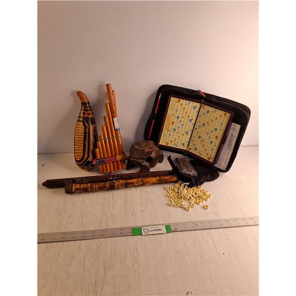 Scrabble, Carved & Painted Gourd, Pan Flute, (2) Flutes, Craved Frog Figurene