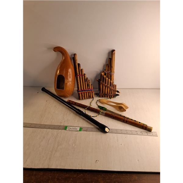 Carved Gourd, (3) Pan Flutes, (2) Flutes, Brush Whistle, Cheating Spoons