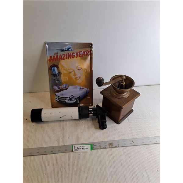 Manual Coffee Grinder, Refracting telescope Finder Scope, Metal Sign