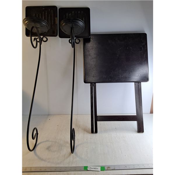 *(2) Metal Candle Holders 35", Wooden Table  18"x14"