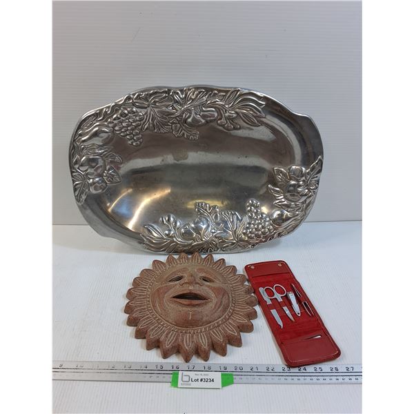 Metal Serving Platter - 20" x 14" & Ceramic Sun Wall Decor, Nail Grooming Kit