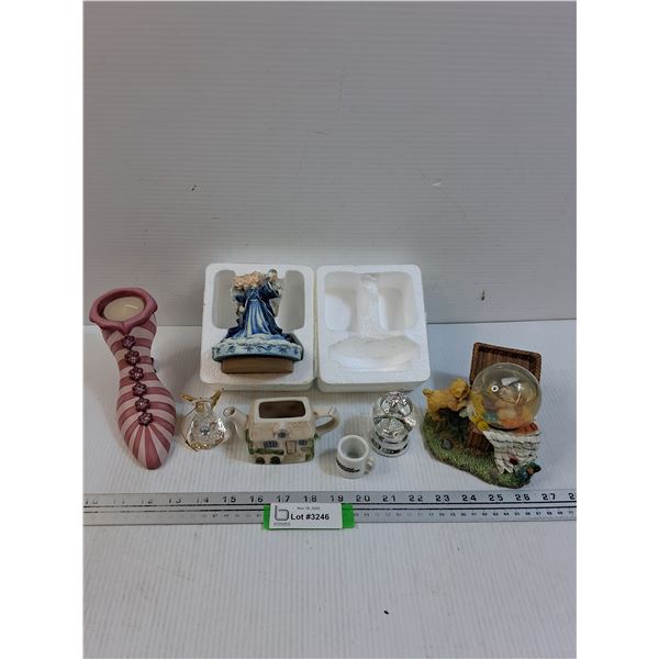 Lot: Snow Globes, Angels Figurines, High Heel Candle Holder
