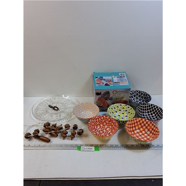 (6) Porcelain Bowls, Back Roller, Divided Serving Dish & Curved Spoon