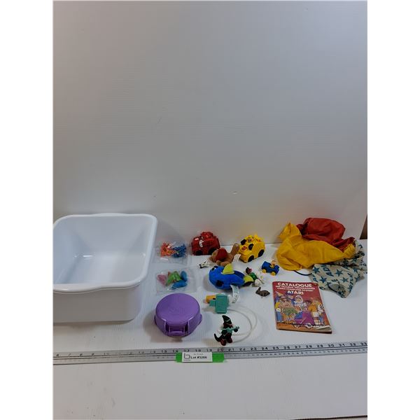 Plastic Storage Bucket w/Children's Toys: Parachute, Polly Pocket, Dinosaurs, Transformers, Misc