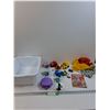 Image 1 : Plastic Storage Bucket w/Children's Toys: Parachute, Polly Pocket, Dinosaurs, Transformers, Misc