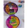 Image 6 : Plastic Storage Bucket w/Children's Toys: Parachute, Polly Pocket, Dinosaurs, Transformers, Misc