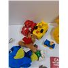 Image 7 : Plastic Storage Bucket w/Children's Toys: Parachute, Polly Pocket, Dinosaurs, Transformers, Misc
