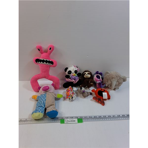 (9) Stuffies Lot: Panda, Alien, Pig, Sloth, Misc