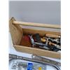 Image 5 : Wooden Tool Box: Saw, Wrenches, Screwdrivers, Various Tools