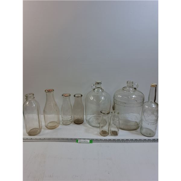 (9) Vintage Glass Jars: Milk & Whiskey - Some Wear
