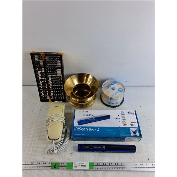 Abacus, IRIScan Book 2, Brass Spittoon, HP DVD+R, Jwin Telephone,  As Is