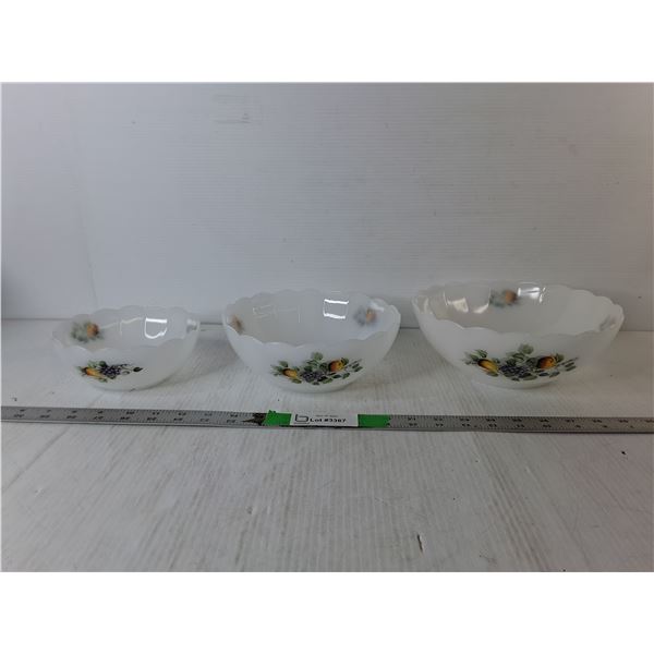 (3) Arcopal Glass Bowls Up to 9"