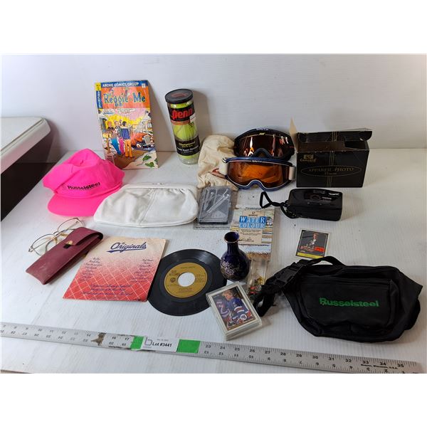 Ski Goggles, Keystone Film Camera, (3) Tennis Balls, Misc.