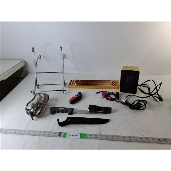 Comfort Zone Heater- Powers On, Cribbage Board-As Is, Shimano Filleting Knife, MIsc.