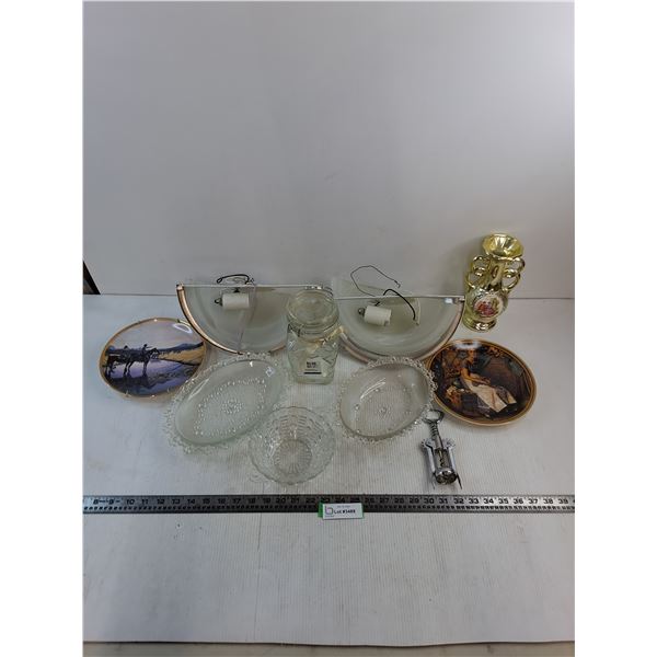 Wall Sconces, Decorative Plates, Glass Candy Dishes, Vase, Corkscrew