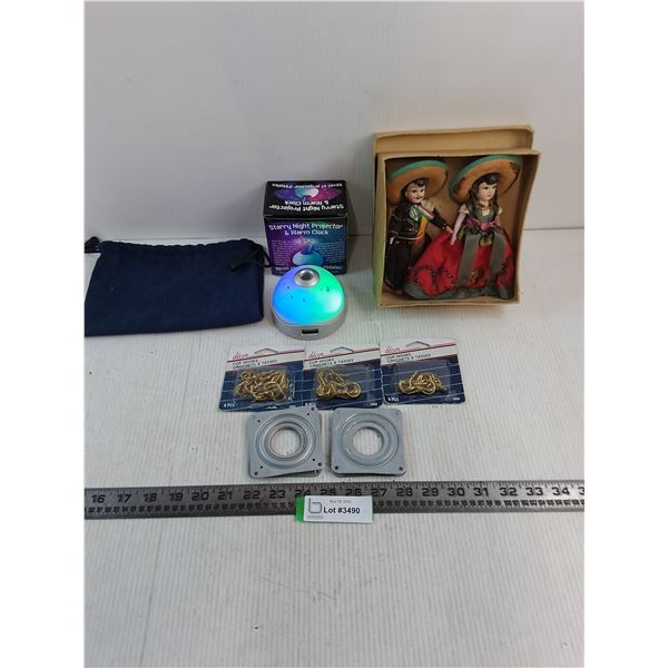 Starry Night Projector Alarm Clock - Tested, Decor Hooks, Metal Anchors, Vintage Mexican Dolls, Misc
